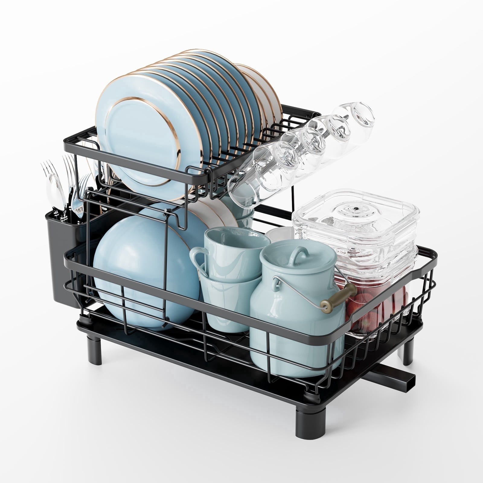 Fenbeli 2-Tier Dish Drying Rack,Dish Rack with Cutlery and Utensil Holders for Kitchen Counter,Black