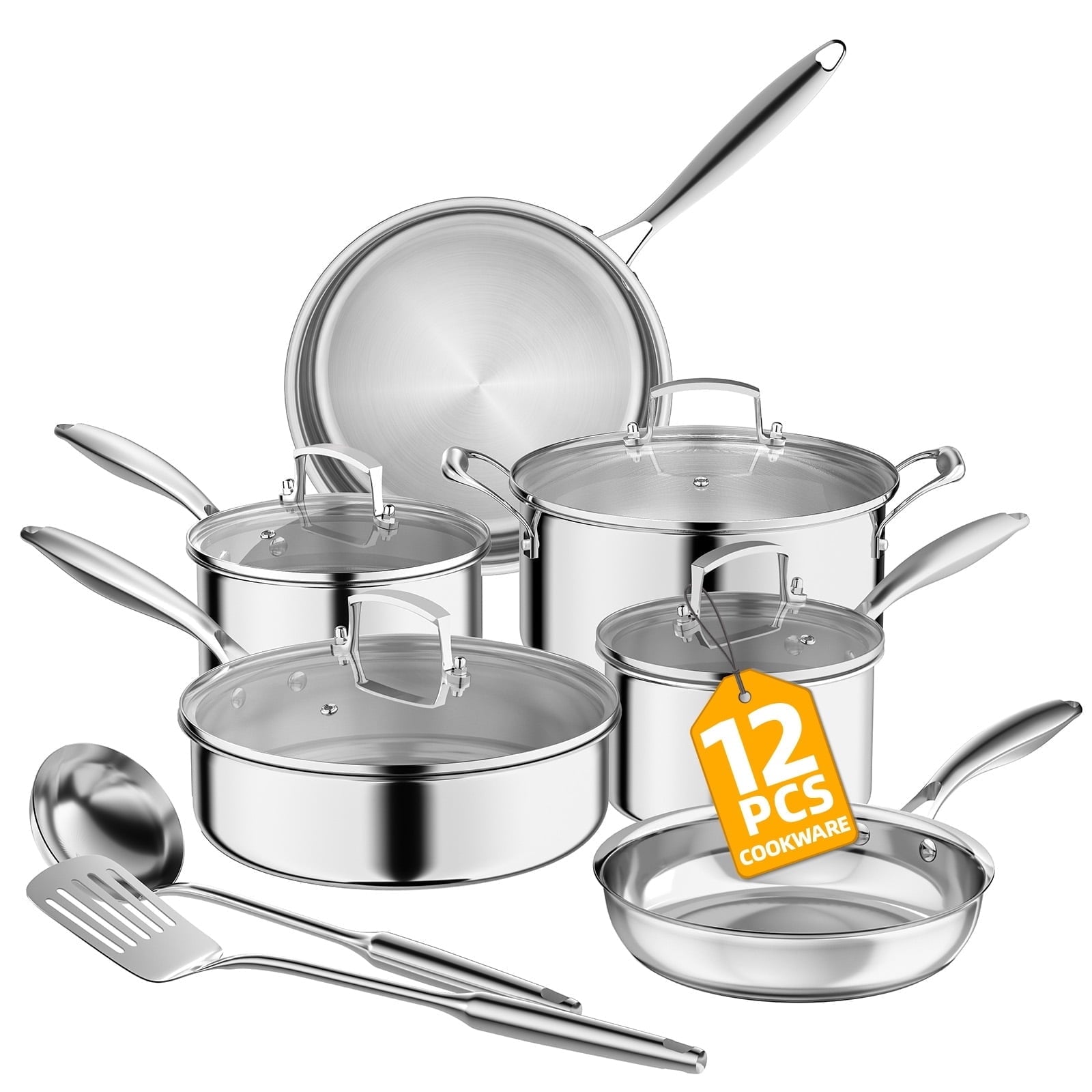 Fenbeli 3 Ply Stainless Steel Pots and Pans Set,12 Piece Induction Cookware Set,Oven Dishwasher Safe,Frying Pans, Saucepans,Saute Pan Stock Pot