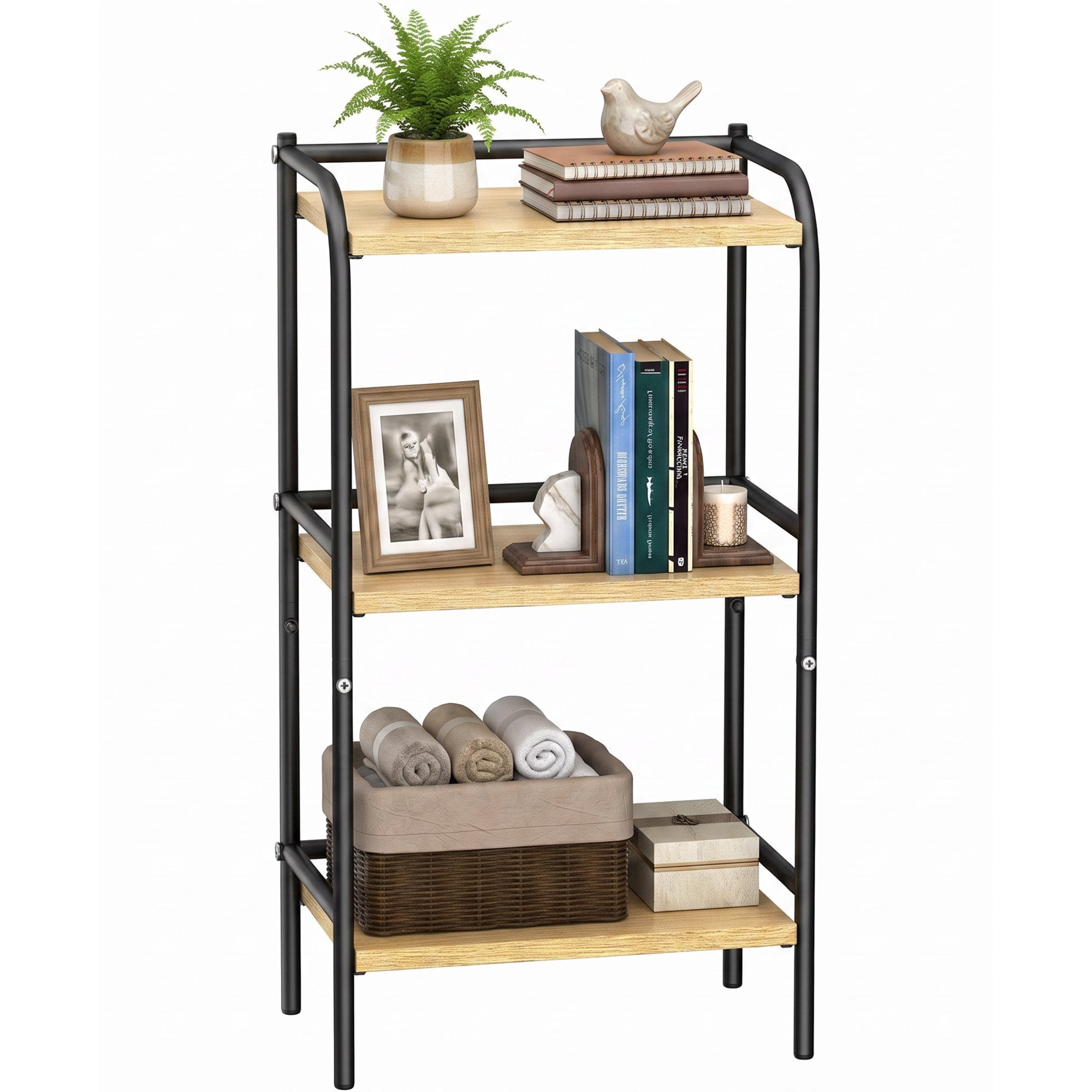 Furnibear 3-Tier Rustic Wood & Metal Bookshelf, Small Office Shelf & Storage Rack for Living Room, Kitchen