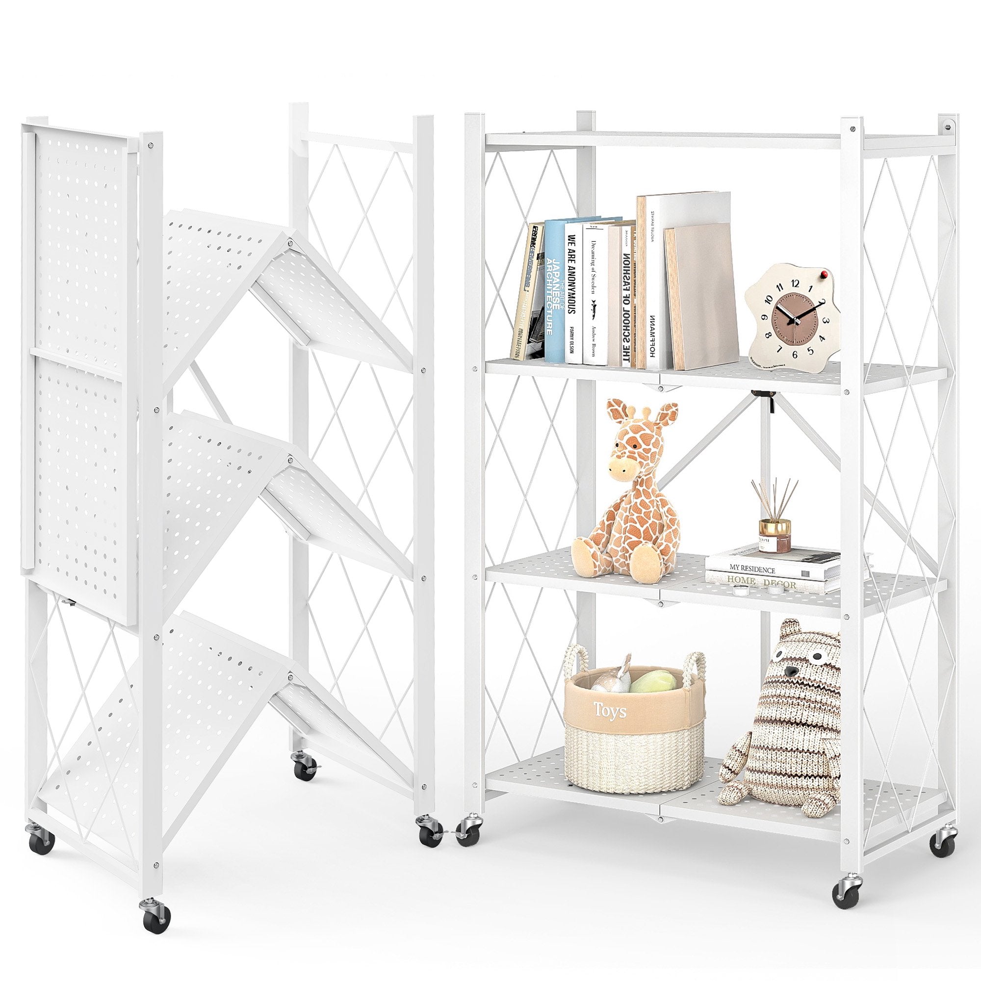 Furnibear 4-Tier Folding Storage Shelves with Wheels, Foldable Metal Rack, Collapsible Shelves for Garage, Kitchen, Basement, White