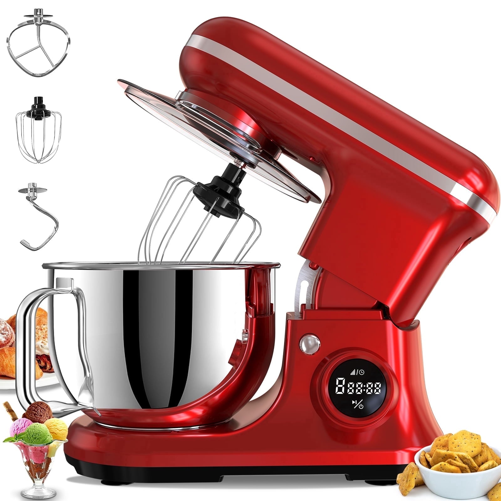 Fenbeli 5.3Qt Stand Mixer,650 W 8 Speeds Kitchen Electric Food Mixer for Daily Use with Egg Whisk,Dough Hook,Flat Beater,Red