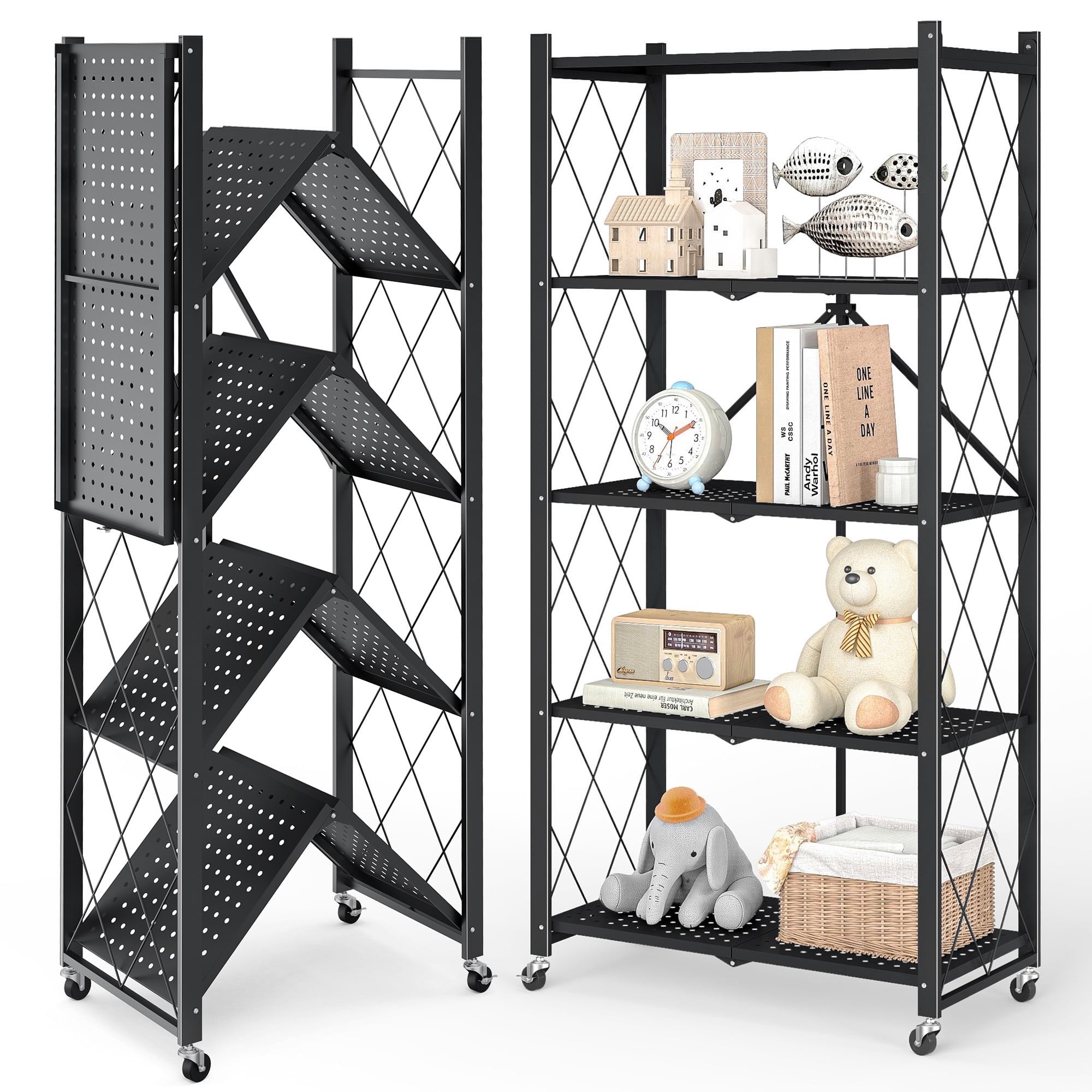 Furnibear 5-Tier Folding Storage Shelves with Wheels, Foldable Metal Rack, Collapsible Shelves for Garage, Kitchen, Basement, Black