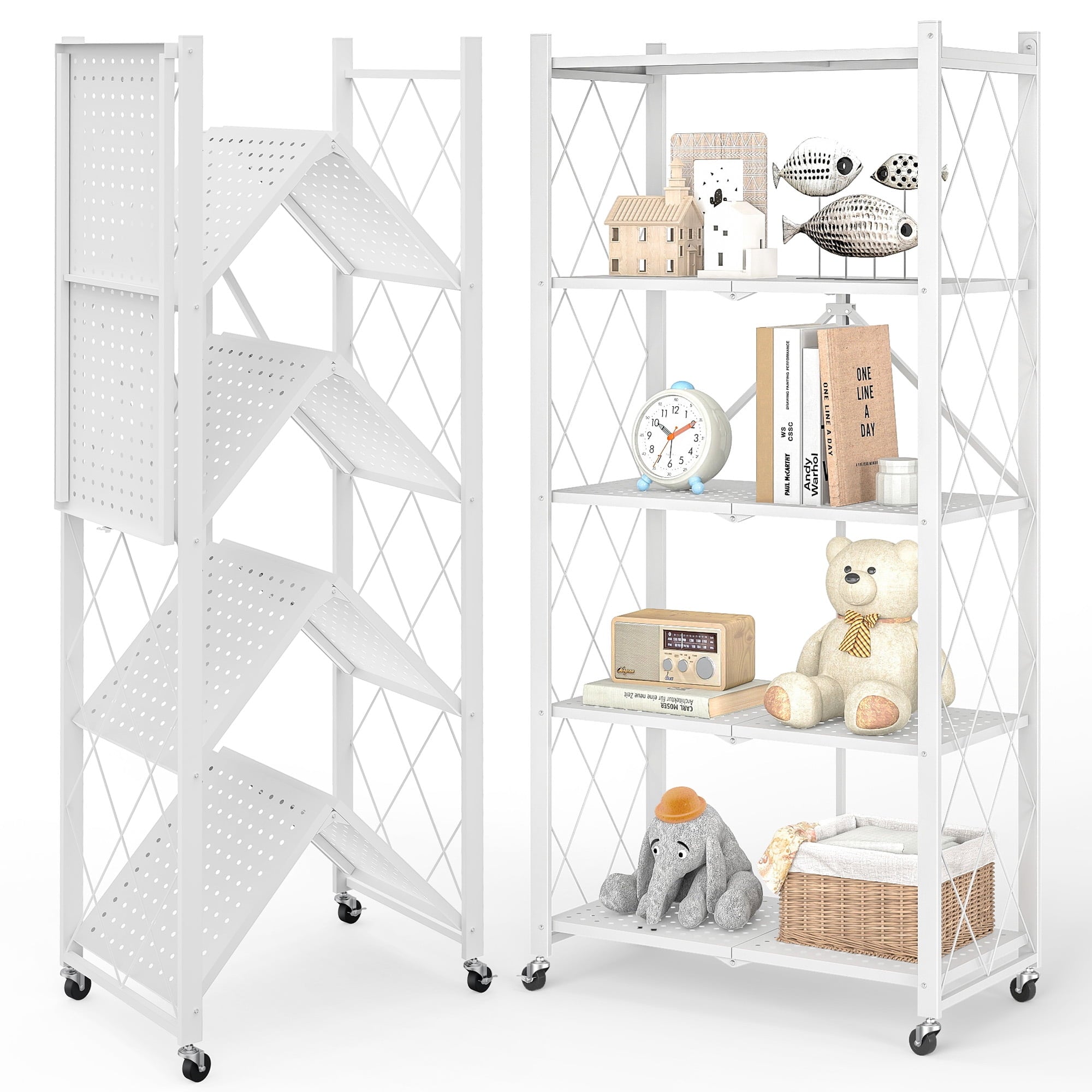 Furnibear 5-Tier Folding Storage Shelves with Wheels, Foldable Metal Rack, Collapsible Shelves for Garage, Kitchen, Basement, White