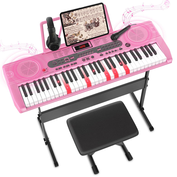 Furnibear 61 Key Piano Keyboard with Lighted Keys Stand Bench Microphone Headphone and Built-in Speakers for Beginners, Pink