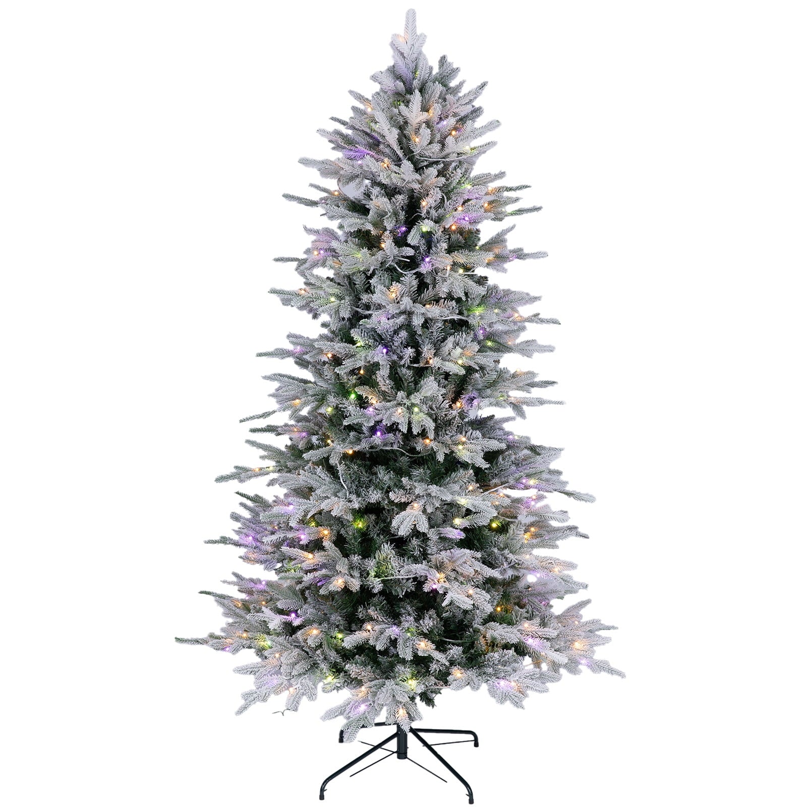 Fenbeli 6ft Flocked Artificial Christmas Tree, Pre-Lit Christmas Trees with 300 LED Lights, White Multicolor, Easy Setup, Ideal for Holiday Decor