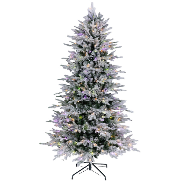 Furnibear 6ft Flocked Artificial Christmas Tree, Pre-Lit Christmas Trees with 300 LED Lights, White Multicolor, Easy Setup, Ideal for Holiday Decor