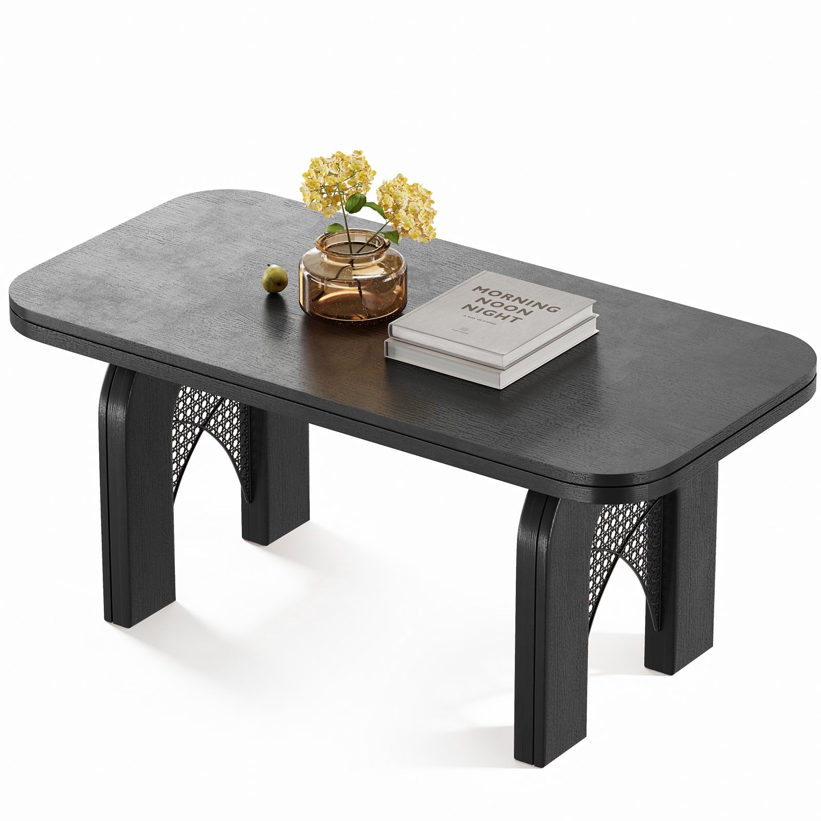 Furnibear Boho Coffee Table for Living Room with Woven Cane and Arched Wood Legs for Living Room,Black