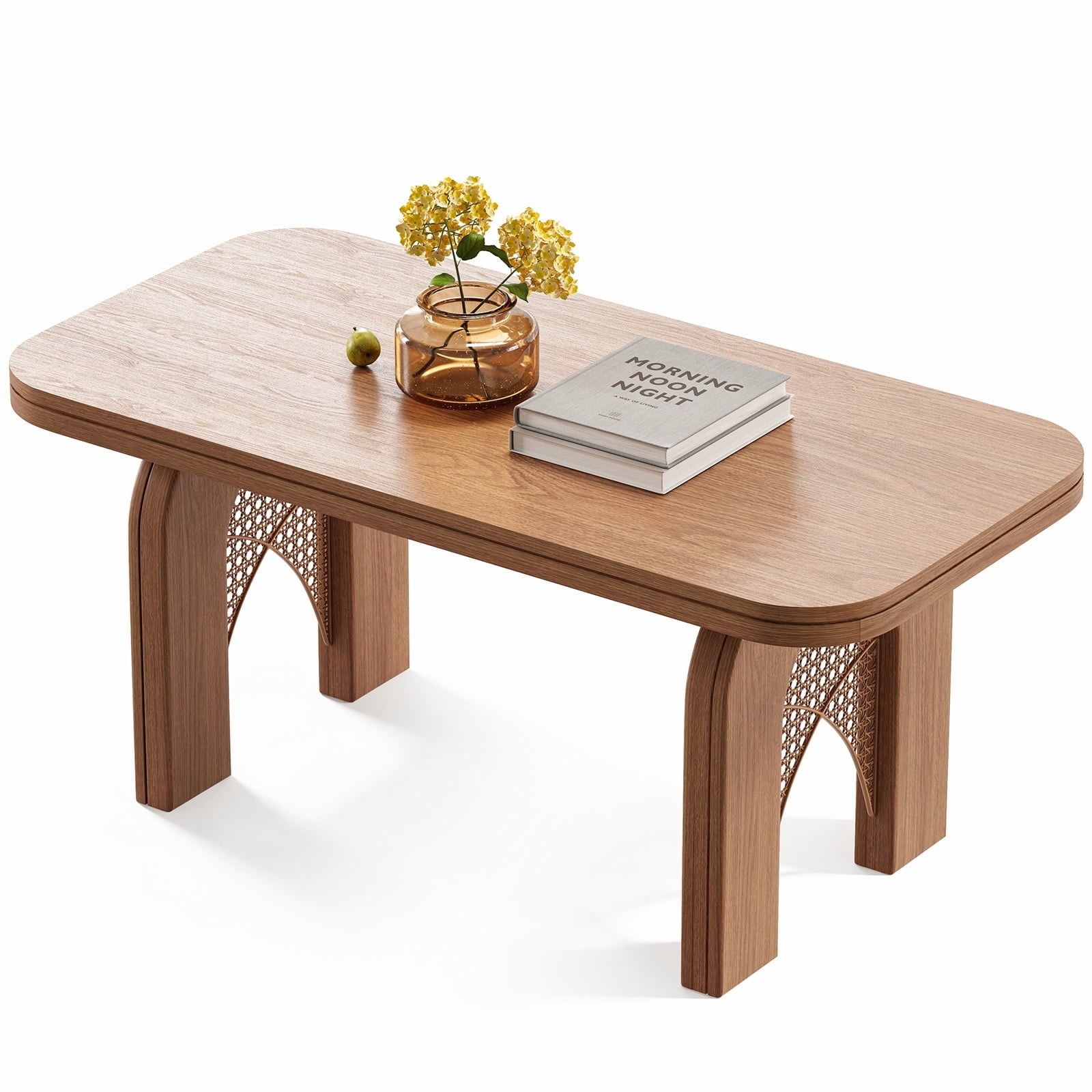 Furnibear Boho Coffee Table for Living Room with Woven Cane and Arched Wood Legs for Living Room,Brown