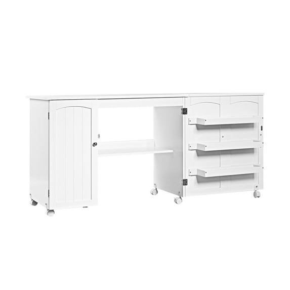 Furnibear Folding Large Sewing Table with Storage, White Computer Desk for Home Office, Bedroom, and Living Room