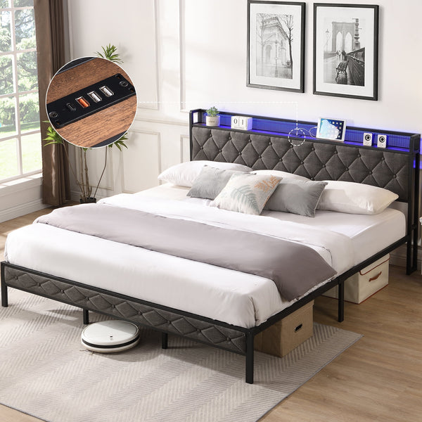 Furnibear King Bed Frame with RGB LED Lights, Charging Station And Storage Headboard | Reinforced Platform | Easy Assembly, Dark Gray