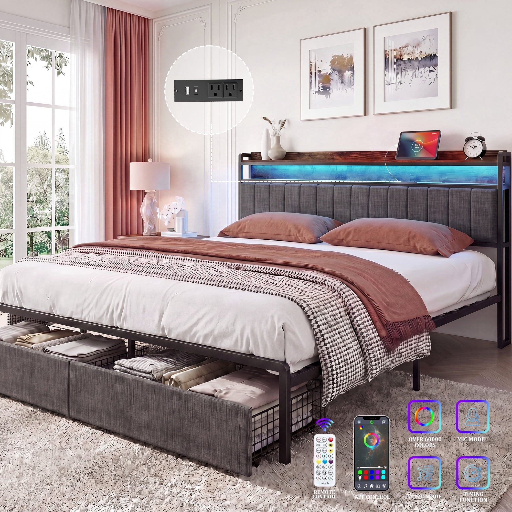 Furnibear LED King Bed Frame with Upholstered Storage Headboard and Drawers, LED Platform Bed with Charging Station, No Box Spring Needed