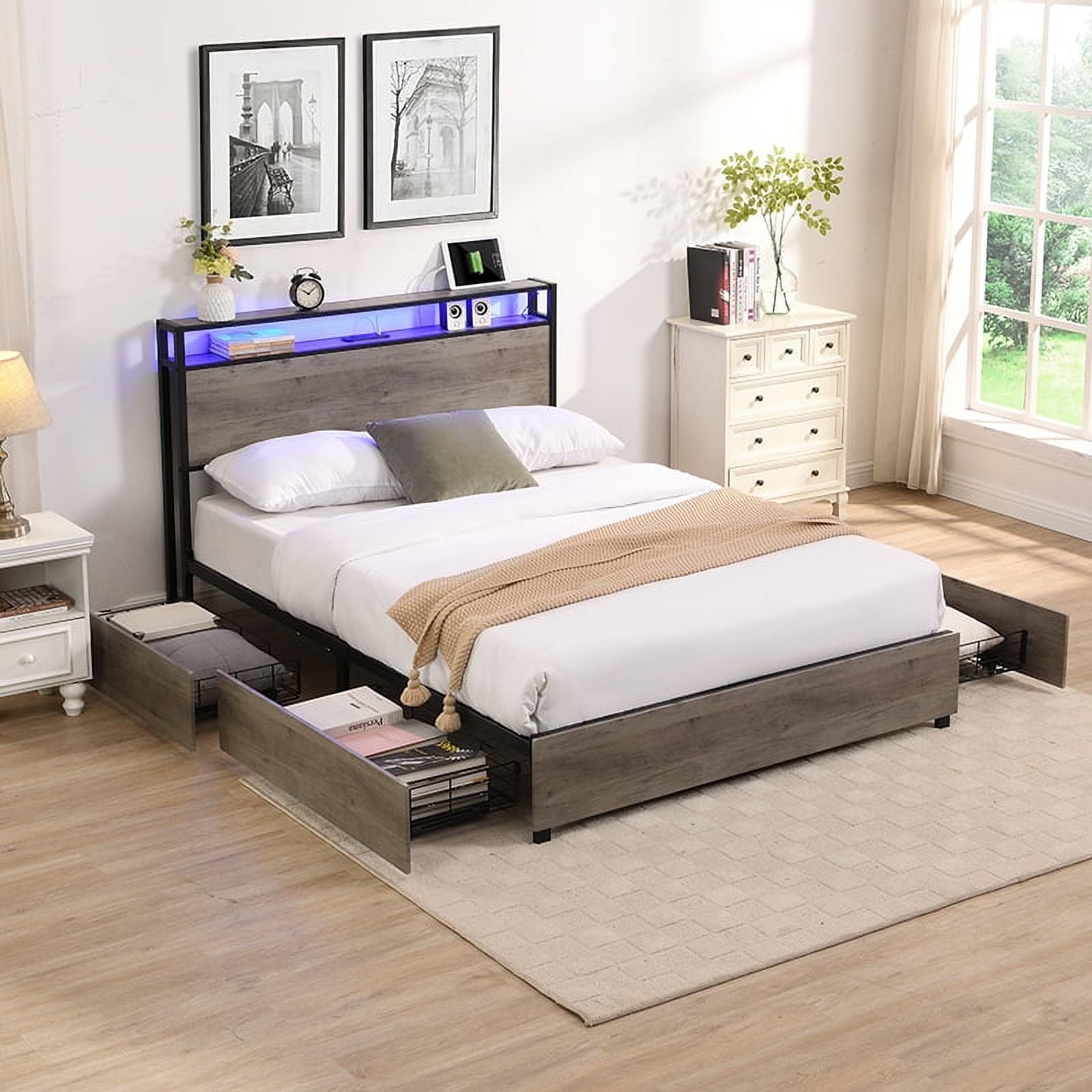 Furnibear Queen Bed Frame with USB Charging Station and Storage Headboard, Heavy-Duty Shake-Free Platform, No Box Spring Needed, Easy Tool-Free Assembly, Gray