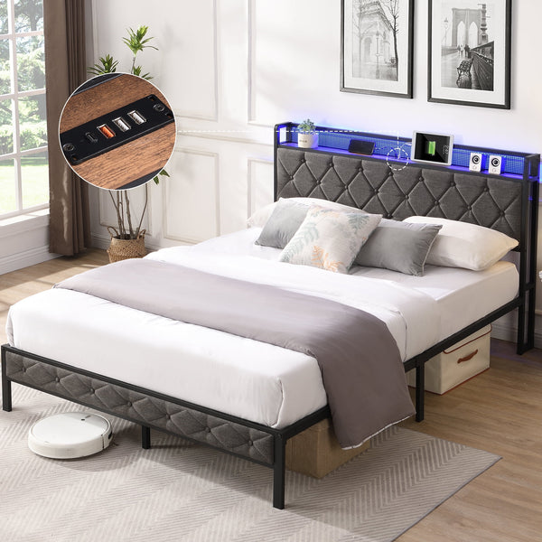 Furnibear Queen Bed Frame with RGB LED Lights, Charging Station And Storage Headboard | Reinforced Platform | Easy Assembly, Dark Gray