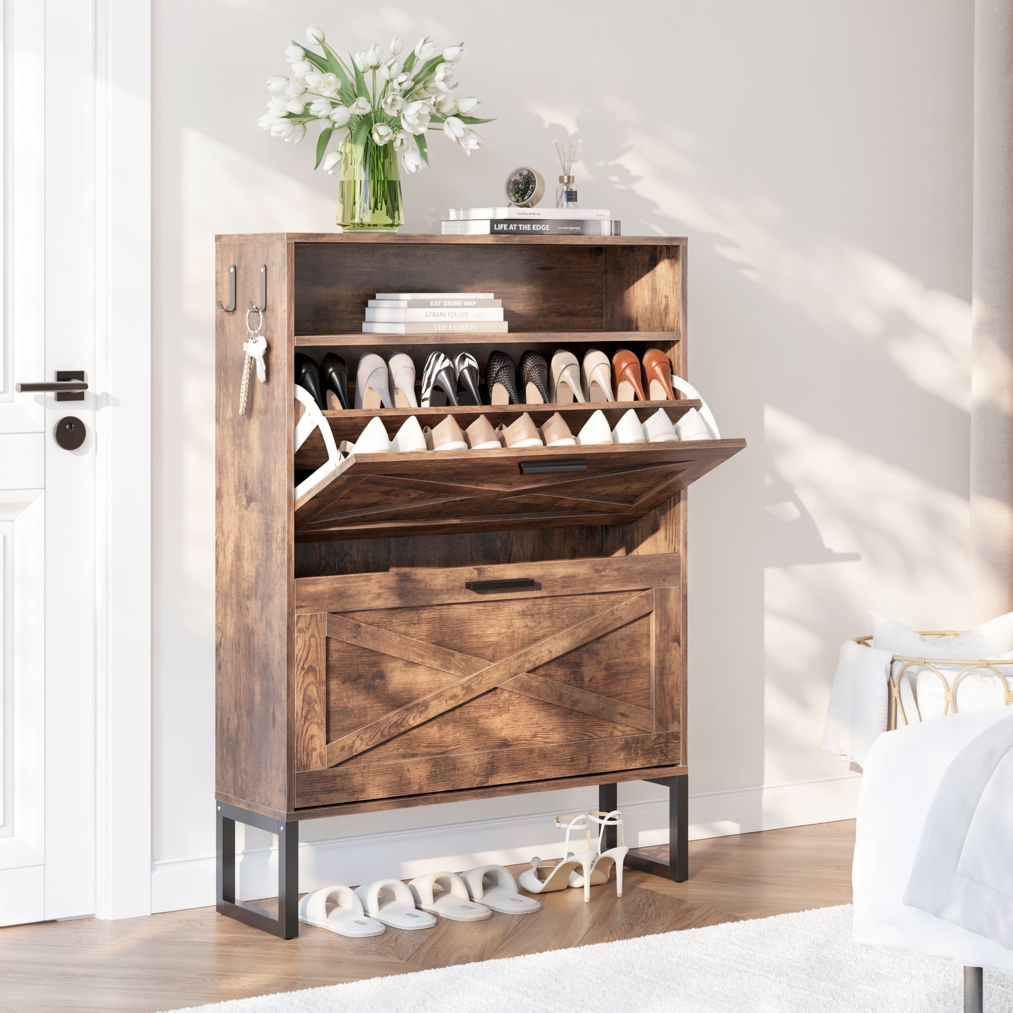 Furnibear Shoe Cabinet with Flip Door Shoe Storage and Adjustable Shelves for Entryway and Closet, Burnt Wood