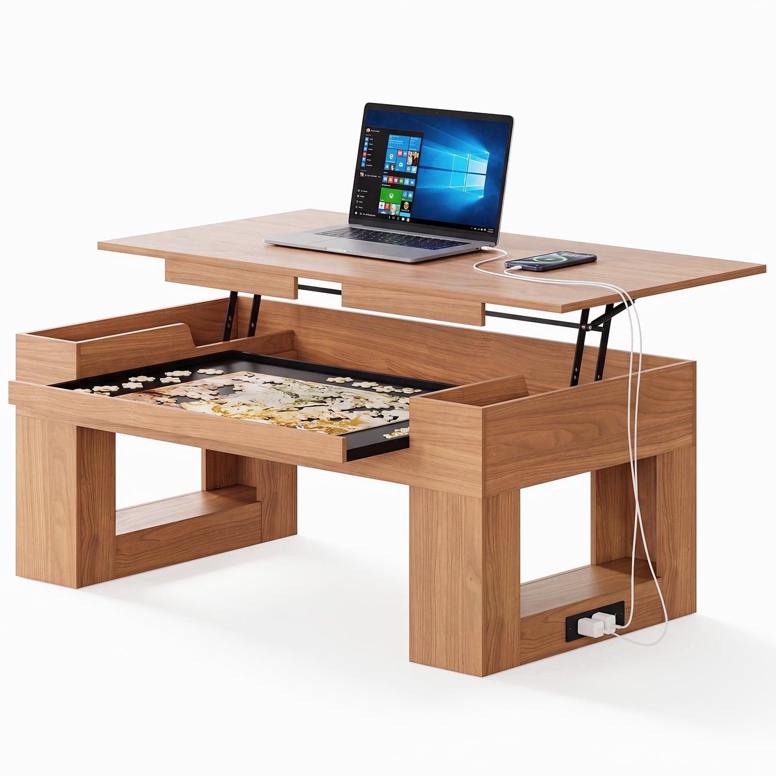 Furnibear Lift Top Coffee Table with Puzzle Tray and Charging Station for Living Room, Brown