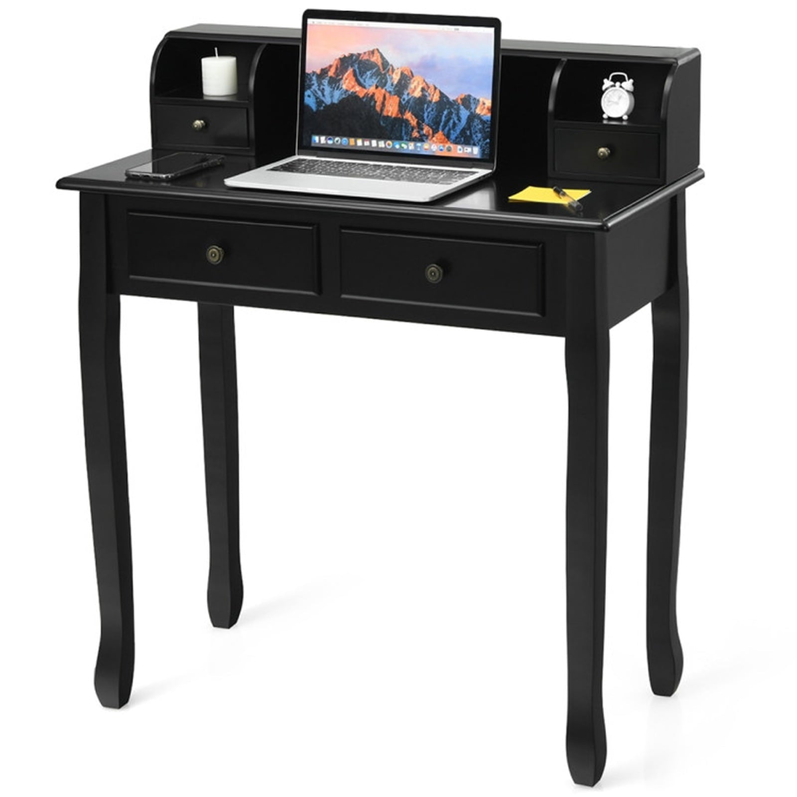 Furnibear 2-Tier Writing Desk with Storage, Vanity and Sewing Desk with 4 Drawers, Computer Desk for Bedroom, Black
