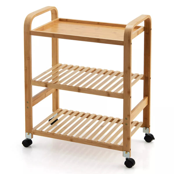 3-Tier Natural Bamboo Kitchen Cart with Storage Shelf and Lockable Casters