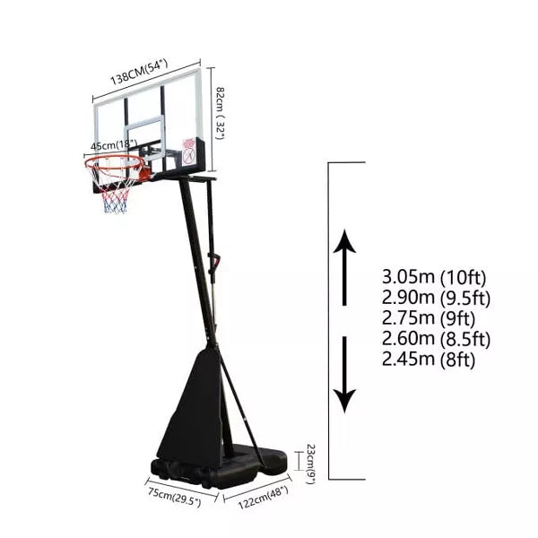 54in Portable Basketball Hoop System 7.5-10ft Height Adjustable