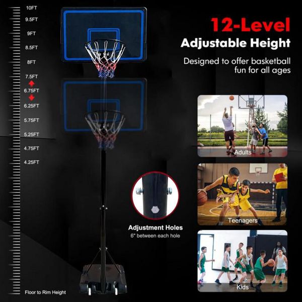 44in Portable Basketball Hoop with 7.5 - 10 ft. Height Adjustable for Kids/Teens/Adults