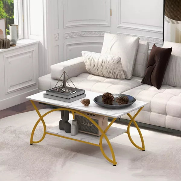 2-Tier Faux Marble Coffee Table with Marble Top and Metal Frame, Gold