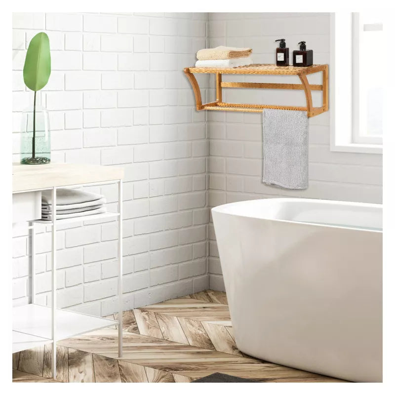 Bamboo Wall Mounted Towel Rack Bathroom Shelf for Stylish Storage