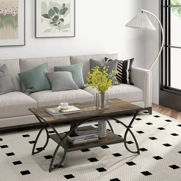 2-Tier Faux Marble Coffee Table with Marble Top and Metal Frame. Brown