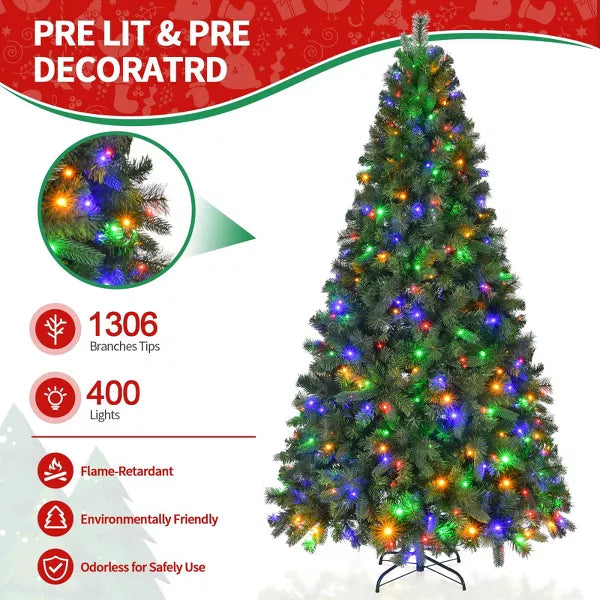 7FT Pre-Lit Artificial Christmas Tree with 400 Multi-Color LED Lights and 1306 Branch Tips