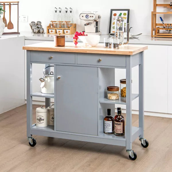 Gray Wooden Rolling Kitchen Cart with 4-Open Shelves and 2-Drawers