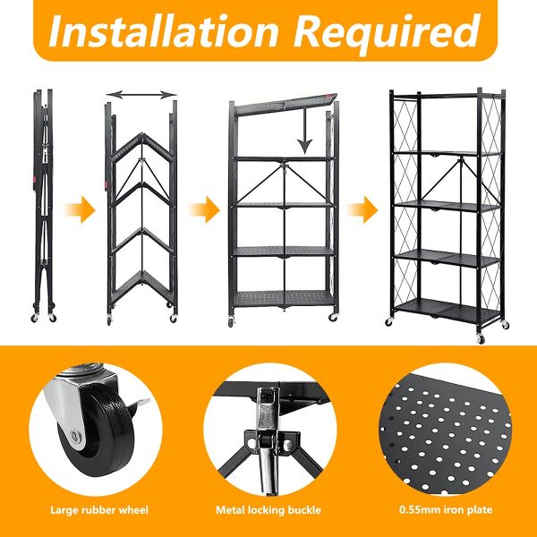 5-Tier Foldable Storage Shelves Adjustable Organizer Rack with Wheels