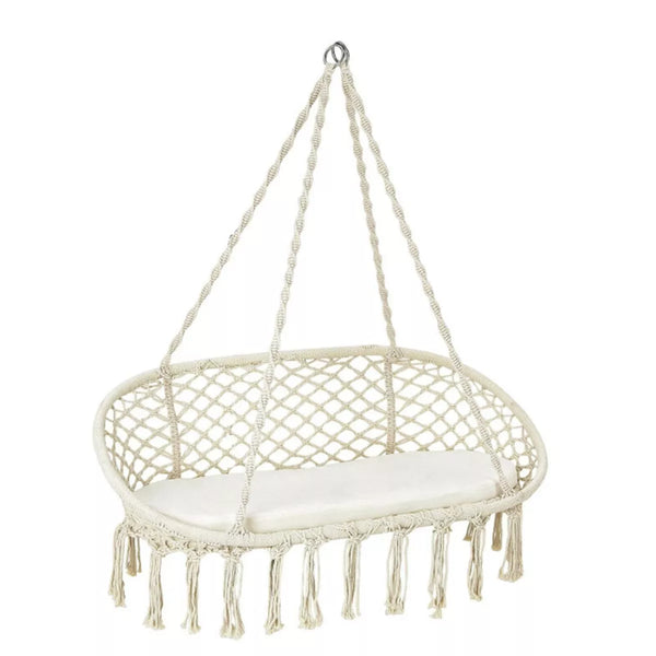 2-Person Steel Outdoor Patio Hanging Double Hammock Swing Chair with White Cushion