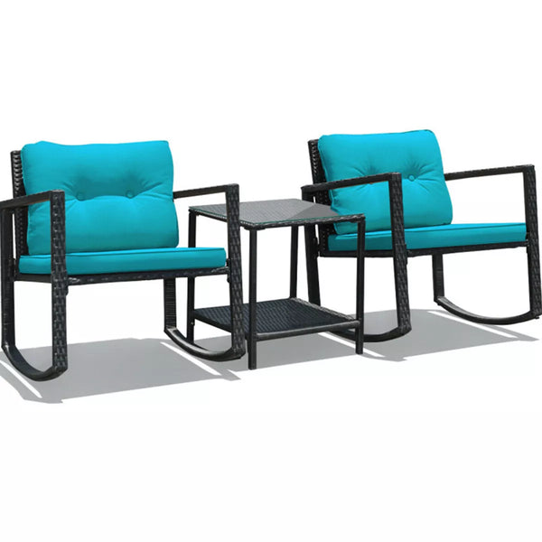 Black 3-Piece Wicker Outdoor Bistro Set with Green Cushions