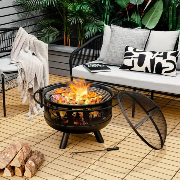 Round Outdoor Fire Pit Metal Wood and Coal Burning in Black with Poker