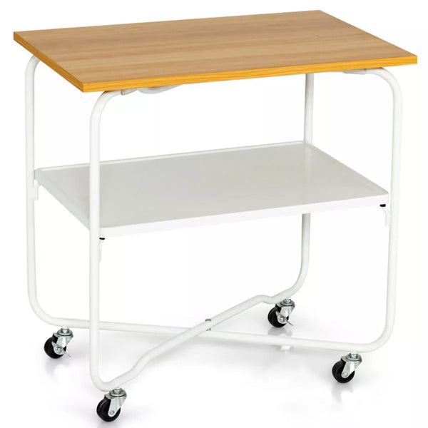 2-Tier Wooden Roll in.g Kitchen Cart with Metal Storage Shelf and Foldable Frame, Natural