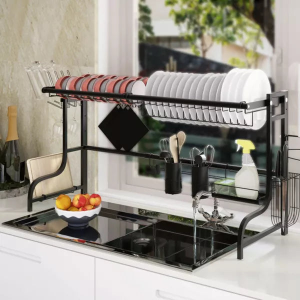 Black Adjustable Stainless Steel Standing Dish Rack Kitchen Organizer