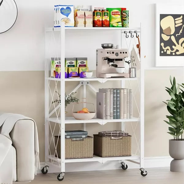 4 Tier Foldable Storage Shelf Metal Shelves with Wheels and Hooks