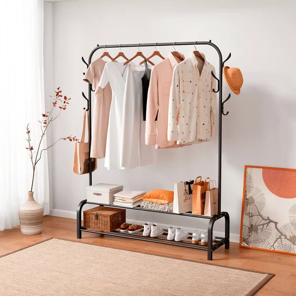 Garment Rack with Storage Shelves and Hanging Hooks