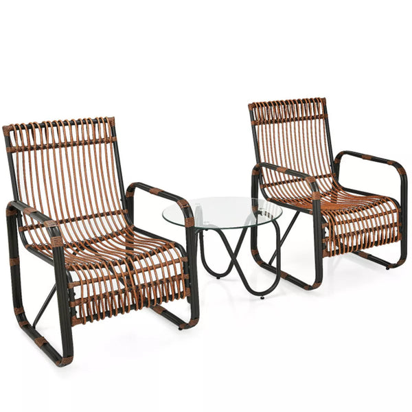 Brown 3-Piece Wicker Outdoor Bistro Set with Glass Table