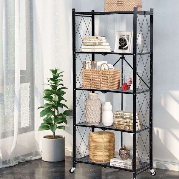 5-Tier Foldable Storage Shelves Adjustable Organizer Rack with Wheels