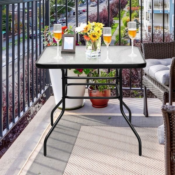 32in Round Patio Table ,Tempered Glass & Steel Frame with Umbrella Hole