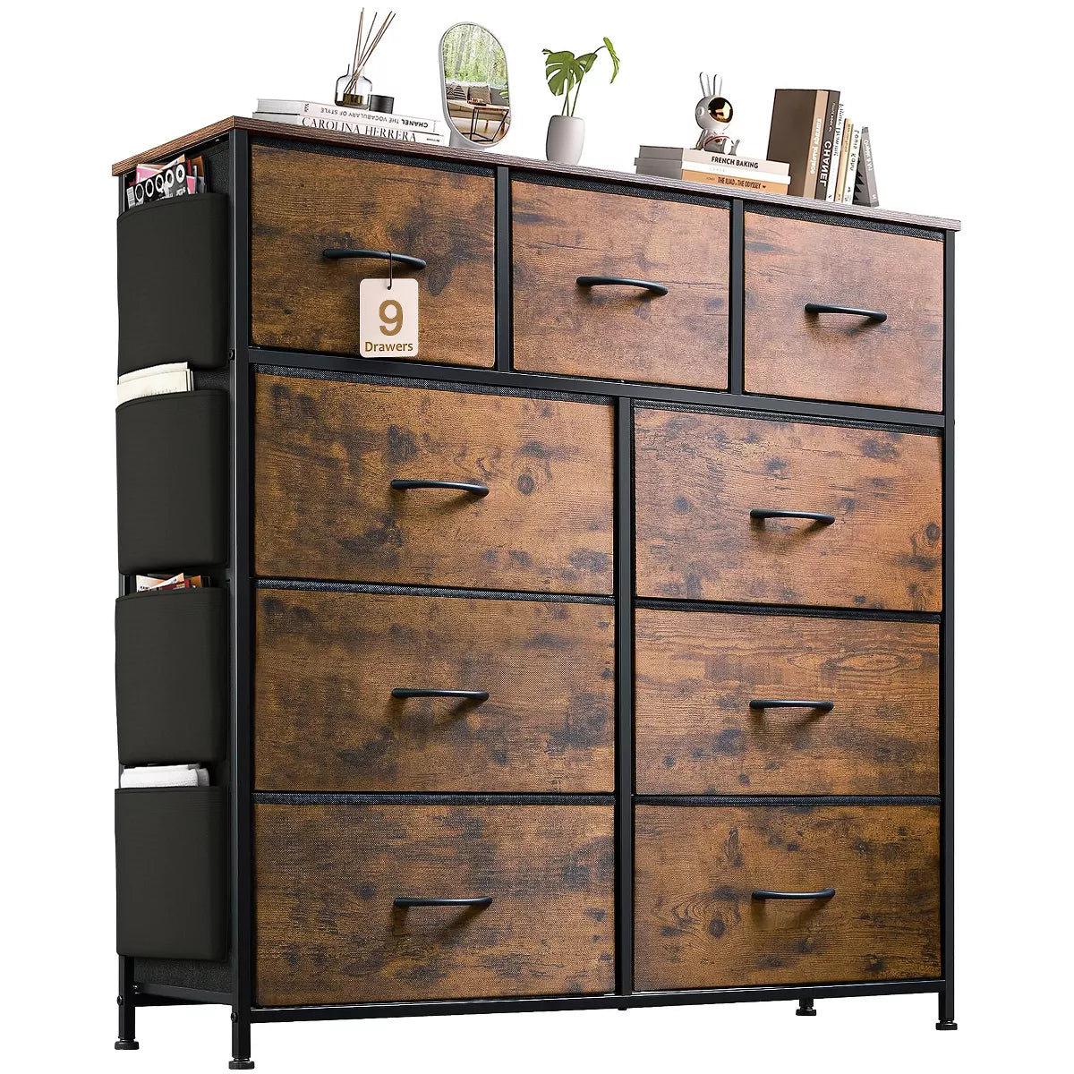 9 Drawer Dresser Storage Organizer Chest Dresser Steel Frame & Wood Top