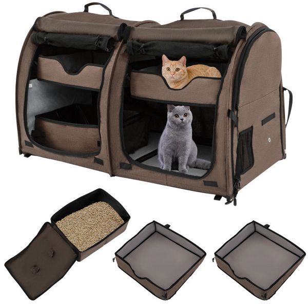Dual Compartment Pet Carrier with Removable Hammocks, Brown