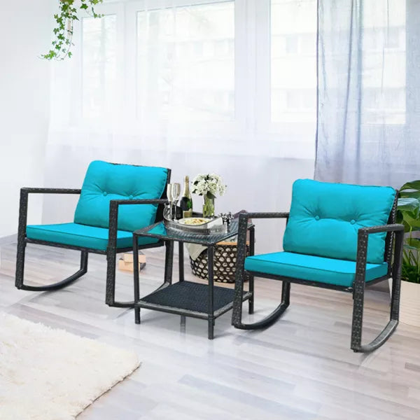 Black 3-Piece Wicker Outdoor Bistro Set with Green Cushions