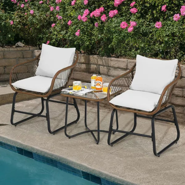 Brown 3-Piece Wicker Outdoor Bistro Set with White Cushions
