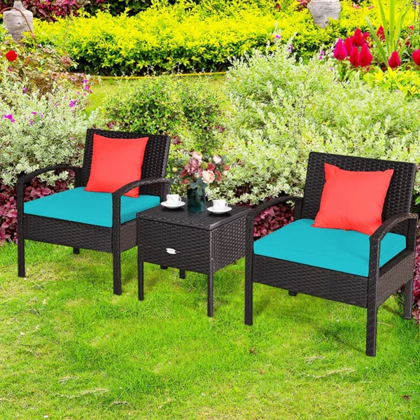 Black 3-Piece Wicker Outdoor Bistro Set with Turquoise Cushions