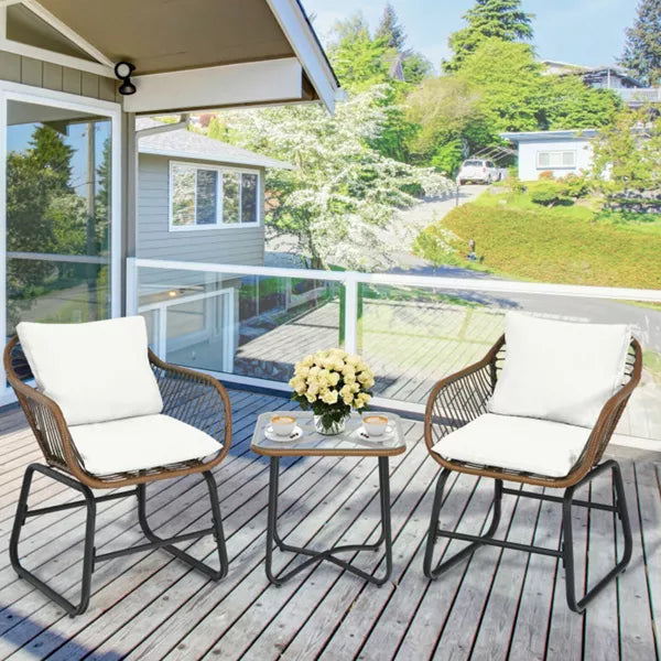 Brown 3-Piece Wicker Outdoor Bistro Set with White Cushions