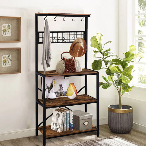4 Tier Kitchen Bakers Rack Storage Shelf Cart with Hanging Hooks Brown