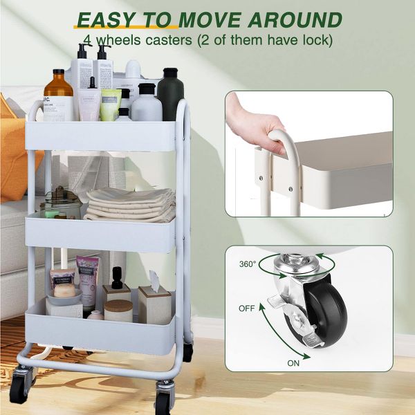3 Tier Rolling Cart Utility Cart with Lockable Wheels Rolling Metal Storage Easy Move