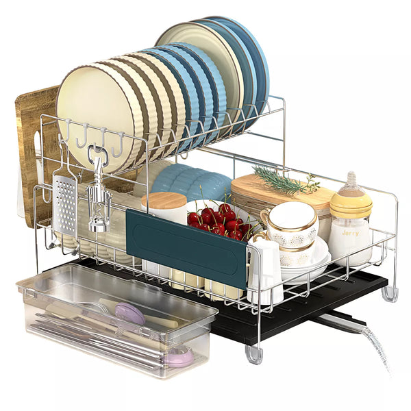 Dish Drying Rack 2-Tier Detachable Stainless Steel Rack with Cutlery Box and Cup Holder