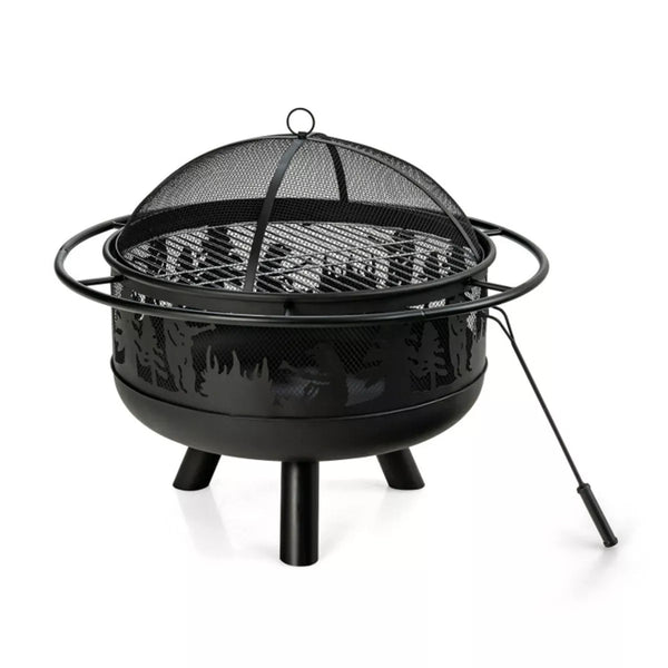 Round Outdoor Fire Pit Metal Wood and Coal Burning in Black with Poker
