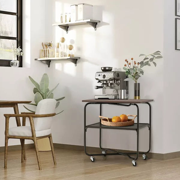 2-Tier Brown Wooden Roll in Kitchen Cart with Metal Storage Shelf and Foldable Frame